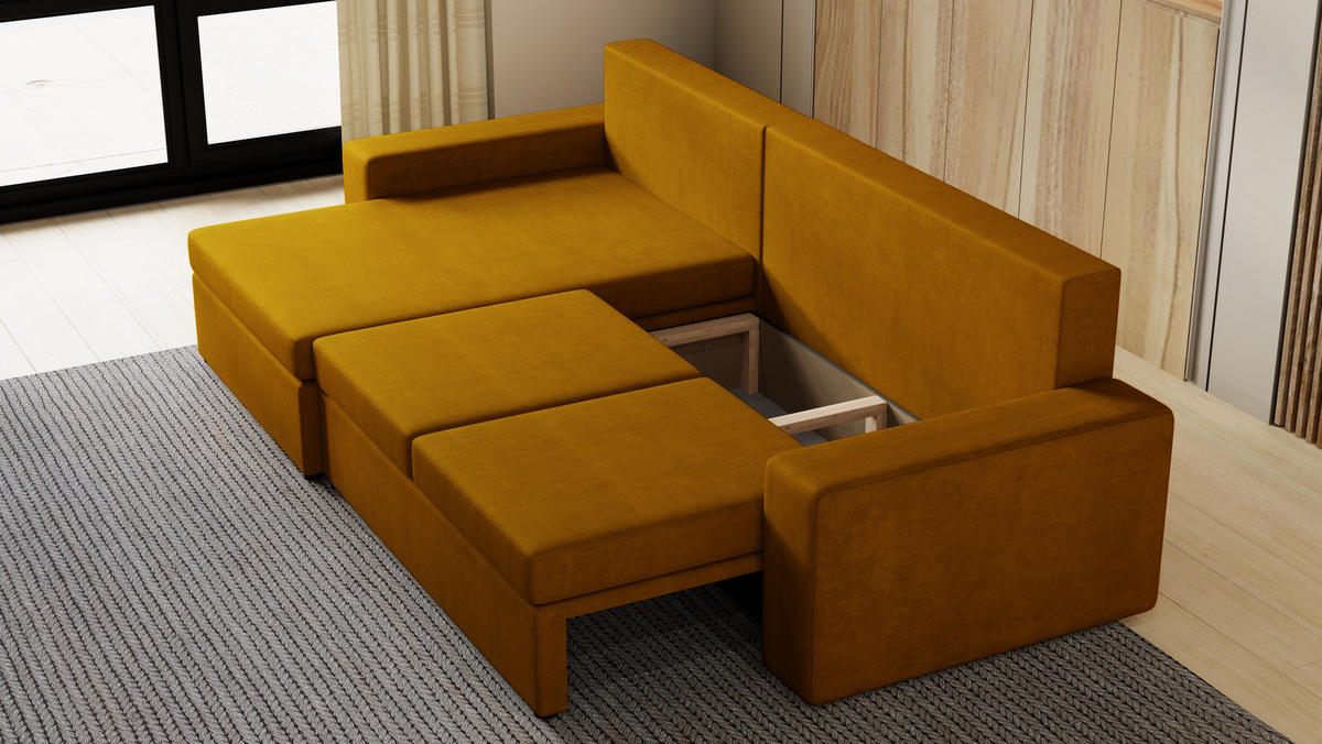 ECKSOFA Paco mit Bettkasten und Schlaffunktion, L-Form/XL-Form, Velourstoff, Universal - Currygelb, Holzwerkstoff (276/145cm) - 4ALL HOME