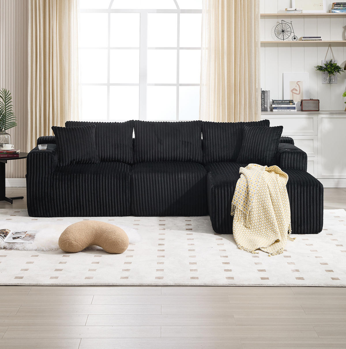MODULARES Sofa-Set Cord mit Chaiselongue und 2-Sitzer Taschen und Getränkehalter 257/90-160/62 cm Schwarz - Schwarz, Textil (160/257cm) - Redom