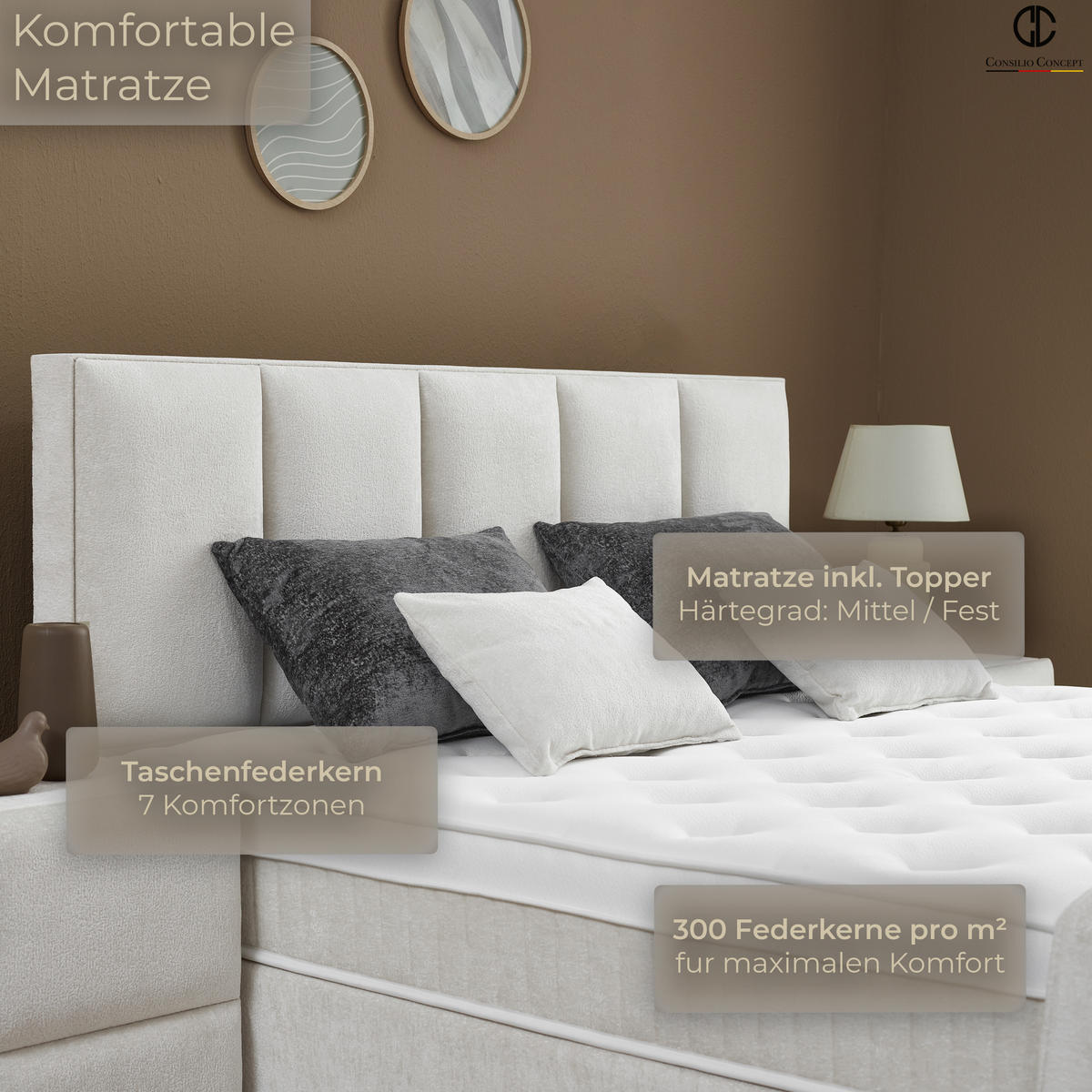 BOXSPRINGBETT MIT BETTKASTEN LUCCA 90/200 cm, Ivory, Bettkasten, Matratze, Topper integriert, H3 mittel - Creme/Schwarz, Holz/Kunststoff (90/200cm) - Consilio Concept