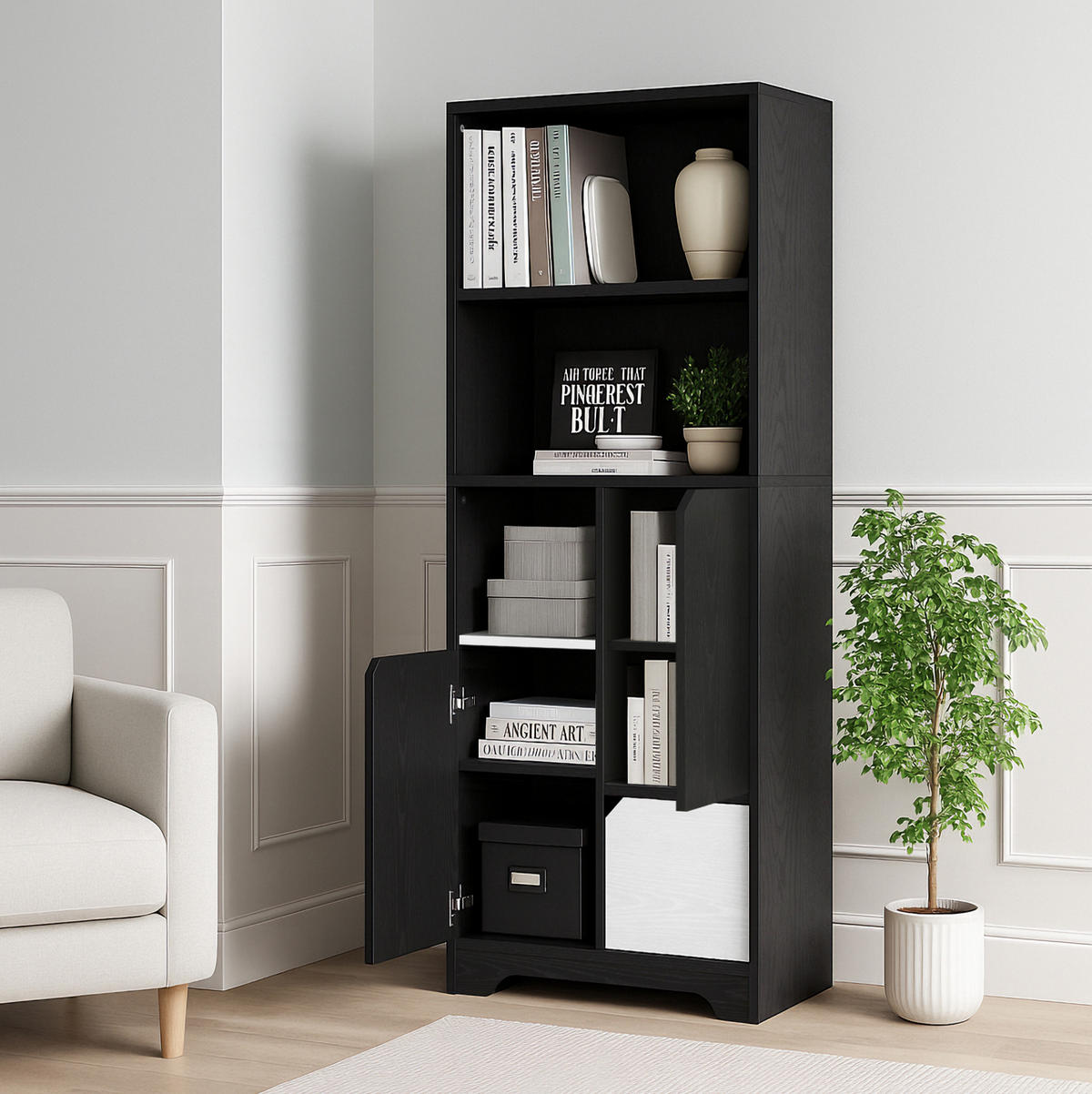 BÜCHERREGAL 60/35/160 cm mit 2 offenen Fächern, Tür und Schubladen aus Holzwerkstoff, Schwarz/Weiß - Schwarz, Holzwerkstoff (60/160/35cm) - Redom