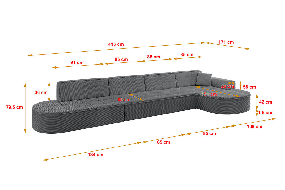 ECKSOFA Ottomane Rechts TARO-L3 - 413x171x79,5 cm Dunkelgrau - Dunkelgrau, Holzwerkstoff/Textil (413/171cm) - ALTDECOR