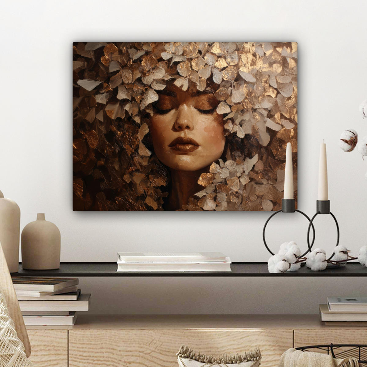 LEINWANDBILD Gesicht - Dame - Blätter - Pinselstriche Wandbild 40x30 cm - Goldfarben, Textil (40/30cm) - MuchoWow