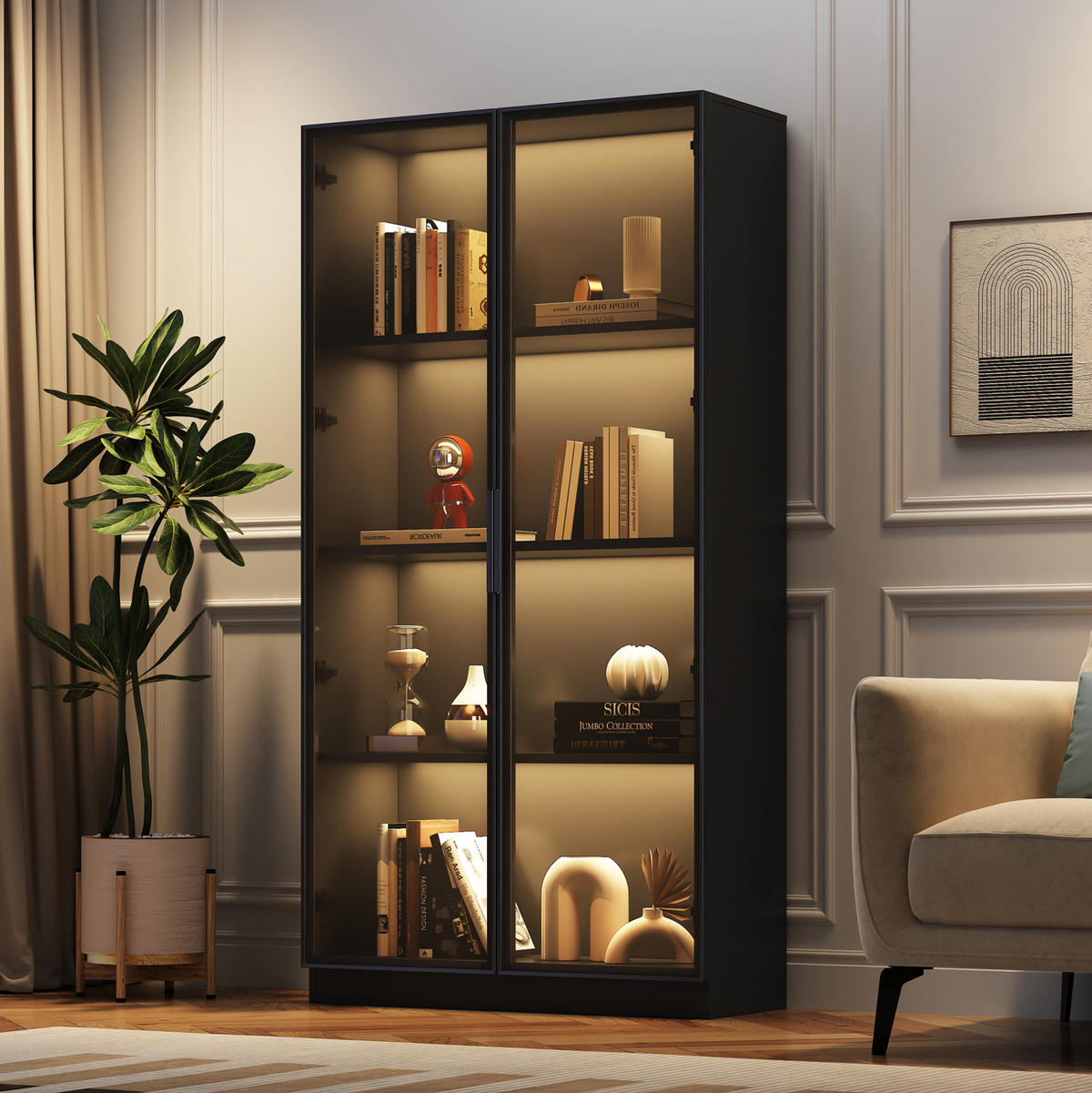 VITRINE 80/40/160 cm Schwarz aus Spanplatte mit LED-Beleuchtung - Schwarz, Holzwerkstoff (40/160/80cm) - OKMYHOME