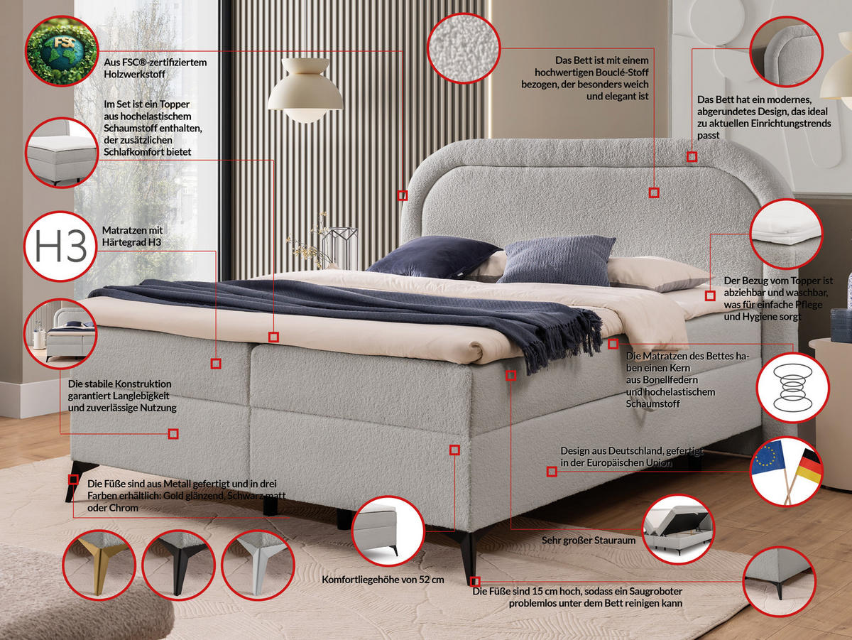 BOXBETT Sonna 140/200 cm Hellgrau Bouclé-Stoff mit abgerundetem Kopfteil und mit goldenen Metallfüßen - Goldfarben/Hellgrau, Holz/Textil (140/200cm) - S-Style Möbel