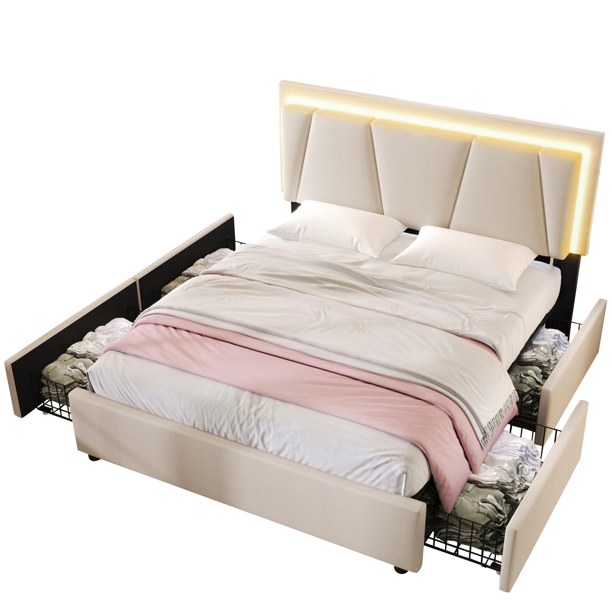 POLSTERBETT 160/200 cm beige mit LED-Beleuchtung und 4 Schubladen, höhenverstellbarem Kopfteil - Beige, Holz (160/200cm) - OKWISH