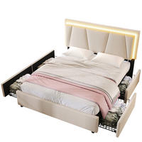 POLSTERBETT 160/200 cm beige mit LED-Beleuchtung und 4 Schubladen, höhenverstellbarem Kopfteil - Beige, Holz (160/200cm) - OKWISH