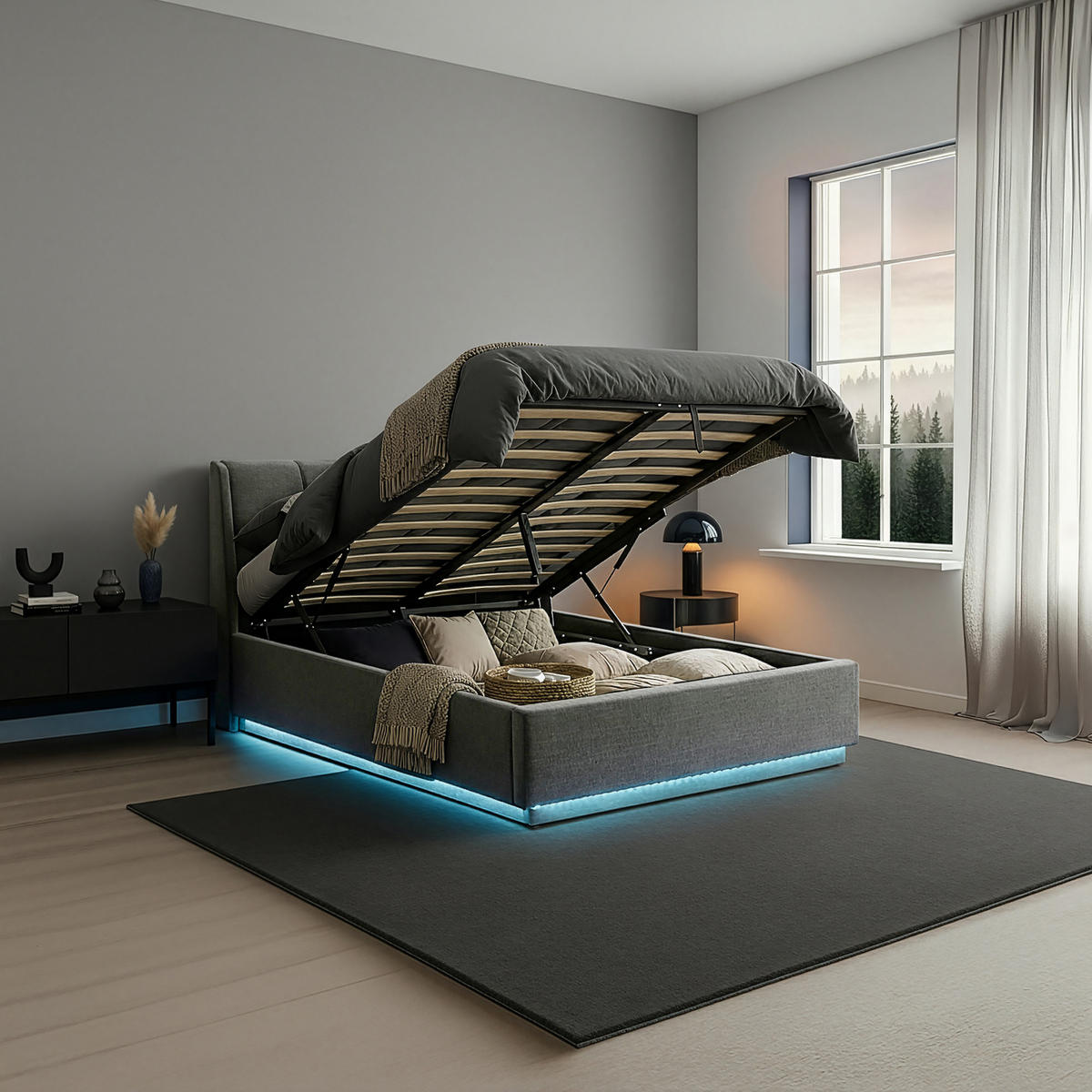 LED ČALOUNĚNÁ POSTEL Tröstiar - antracitová, kov/kompozitní dřevo (140/200cm) - [en.casa]