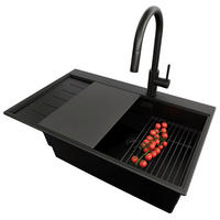 GRANITSPÜLE Sydney, 2-er set Alles Schwarz 78/50 cm 1 Becken + Küchenarmatur 40/20 cm + Ablauf-Set + Küchenzubehörset ab 60er Unterschrank - Schwarz, Kunststoff (78/20/50cm) - Primagran