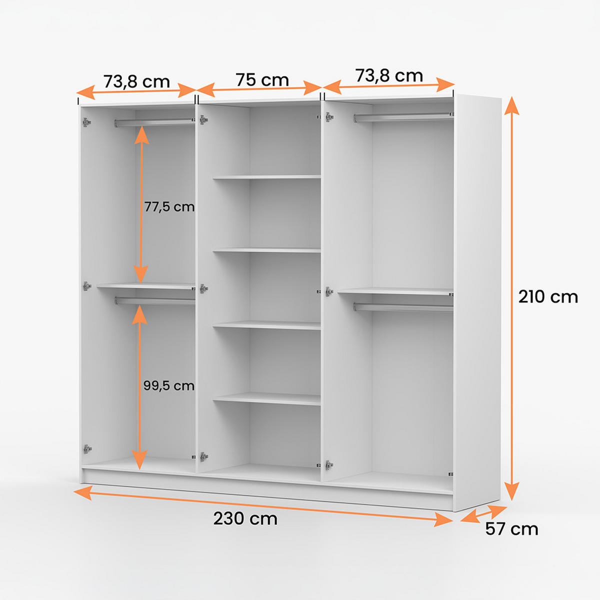DREHTÜRENSCHRANK SEVILLA 6D 230 cm Weiß/Weiß, 6-türig, Holzgriffe - Eukalyptusholzfarben/Weiß, Holz/Holzwerkstoff (230/210/57cm) - imoebel24