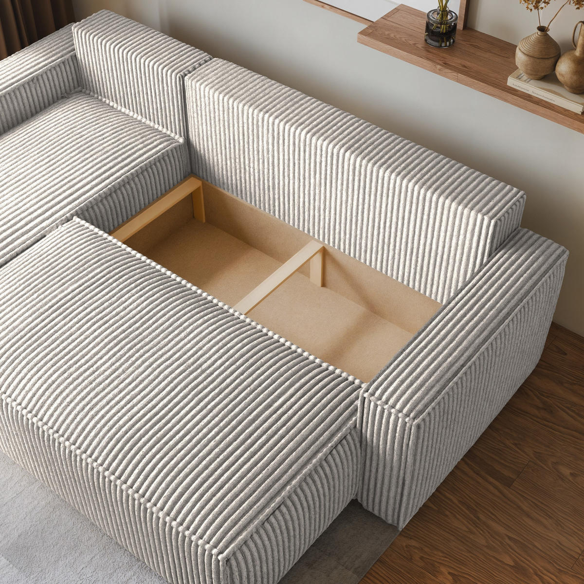 ECKSOFA RAVELO T Hellgrau Kordstoff mit Schlaffunktion - Hellgrau, Holz (240/140cm) - MASSENO