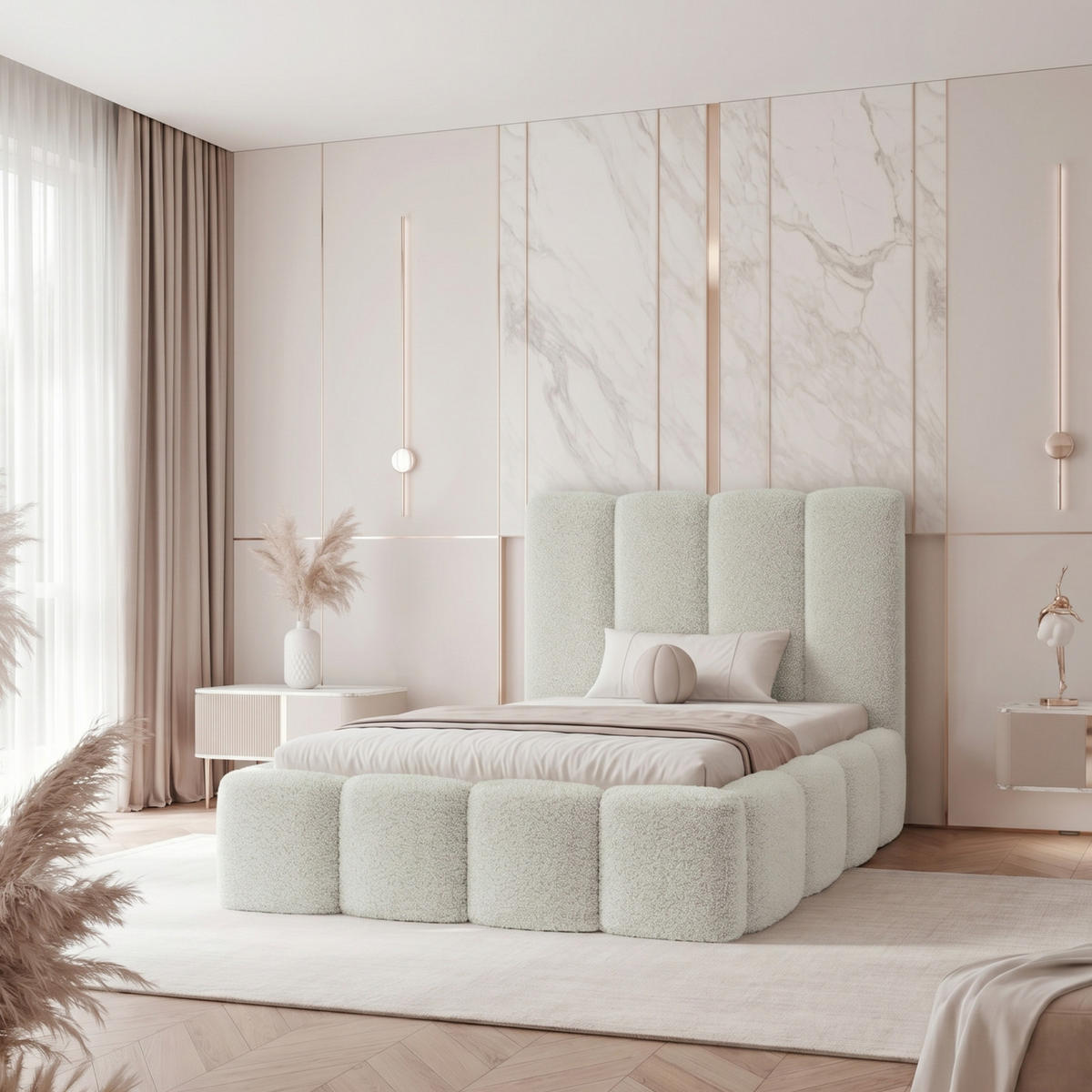 POLSTERBETT LANDARE 120x200 cm Creme Bouclé (Stoff Coral) - mit Bettkasten und Lattenrost - Creme, Holzwerkstoff/Textil (120/200cm) - Ravio
