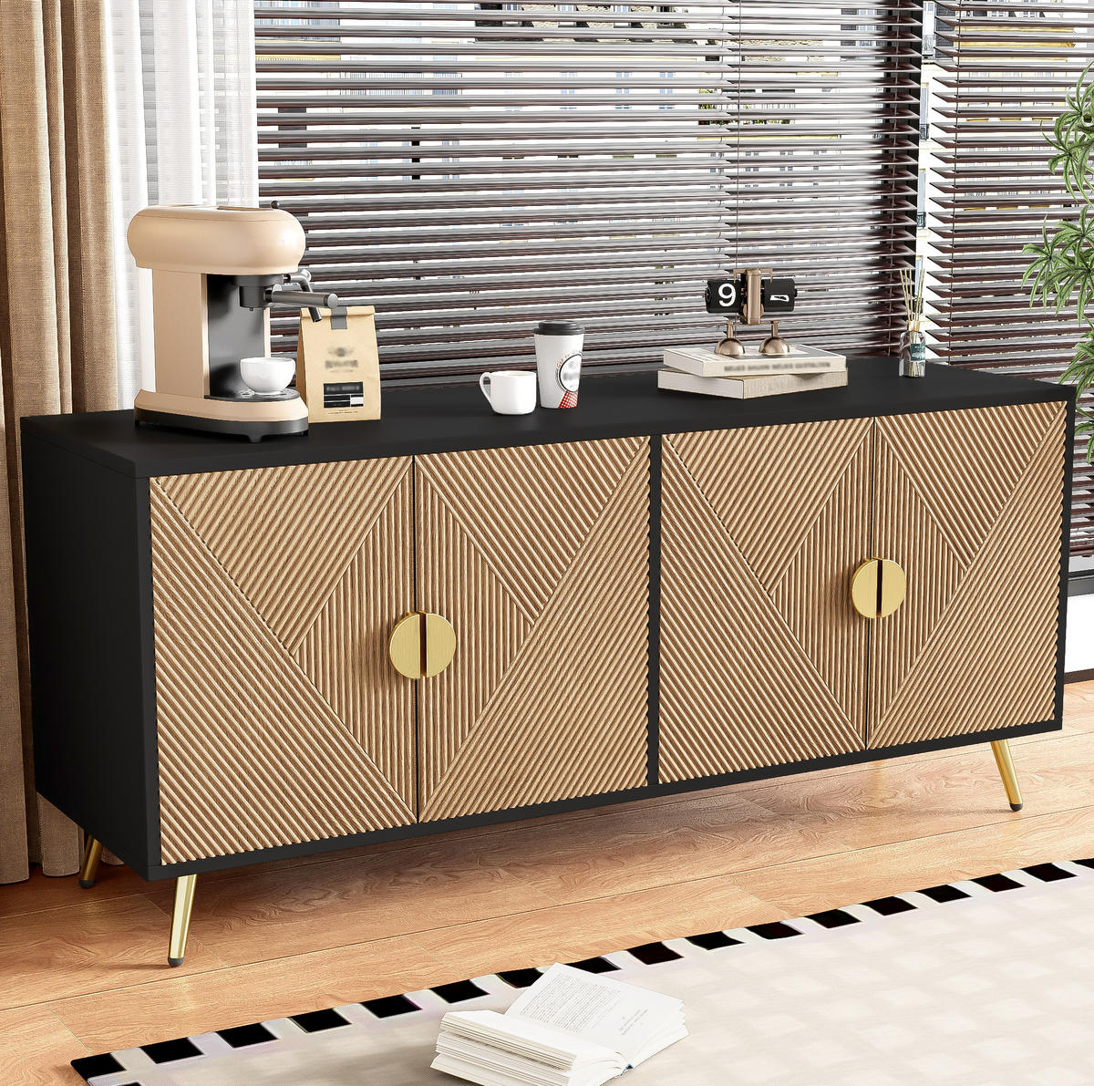 SIDEBOARD 160/40/75 cm aus MDF und Holzwerkstoff mit Sanftschluss und goldfarbenen Griffen Schwarz/Holzfarben - Schwarz, Holzwerkstoff (160/75/40cm) - Modenvie