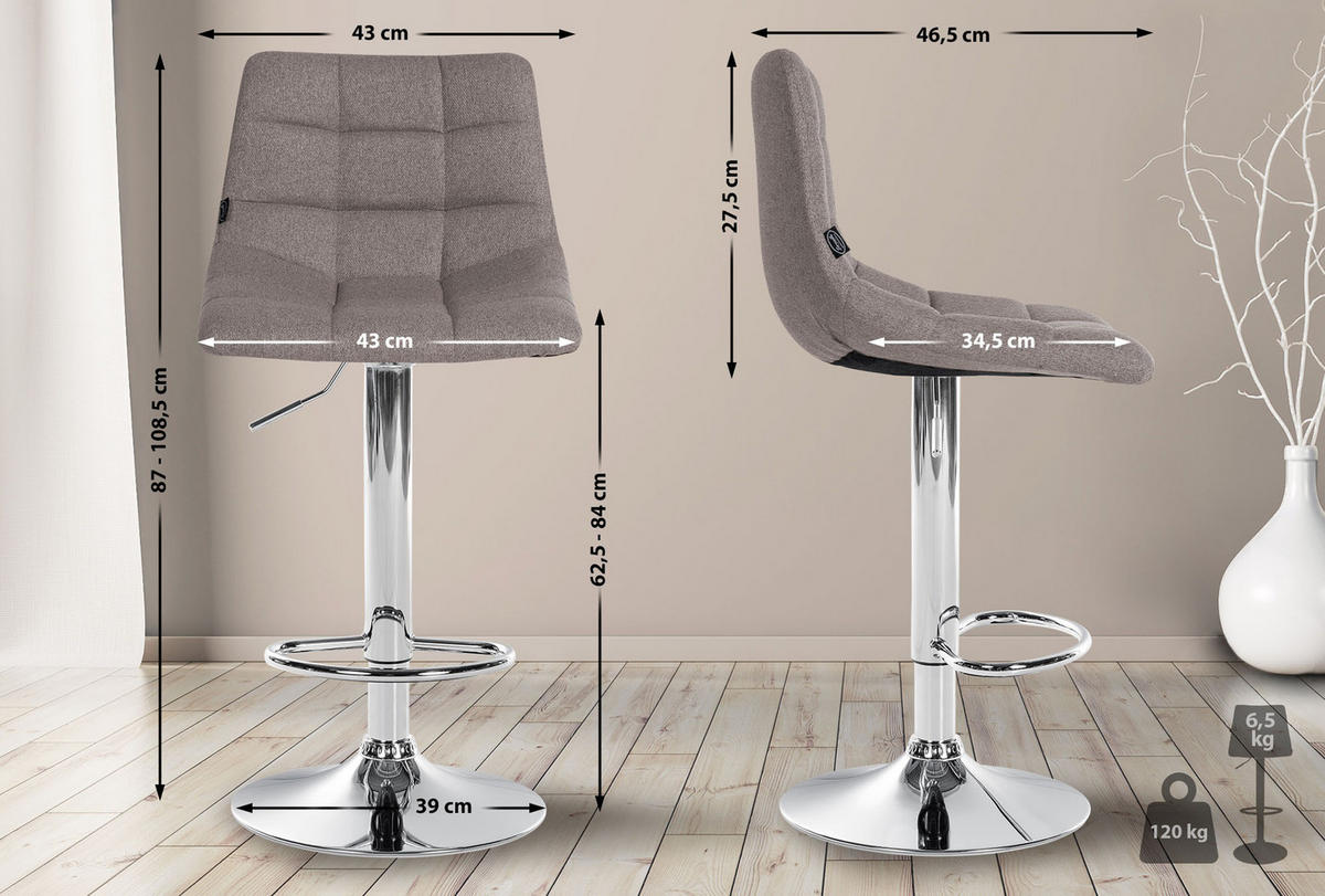 BARHOCKER 2er Set James Stoff chrom grau - Chromfarben/Grau, Textil/Metall (43/108.5/46.5cm) - TPFLiving