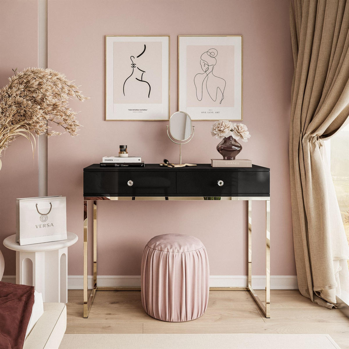 KONSOLE BLANCO mit Schubladen GOLD CHROM Schwarz Hochglanz Kristallgriff - Schwarz Hochglanz, Holzwerkstoff (42/100/81cm) - Lookway