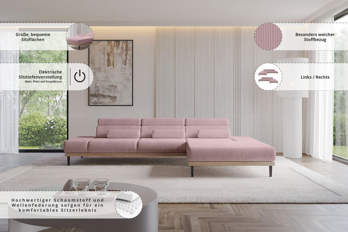 ELEKTRISCHES ECKSOFA Rechts MONA 316x205x85 Rosa Cord - Rosa, Holzwerkstoff/Textil (316/205cm) - ALTDECOR