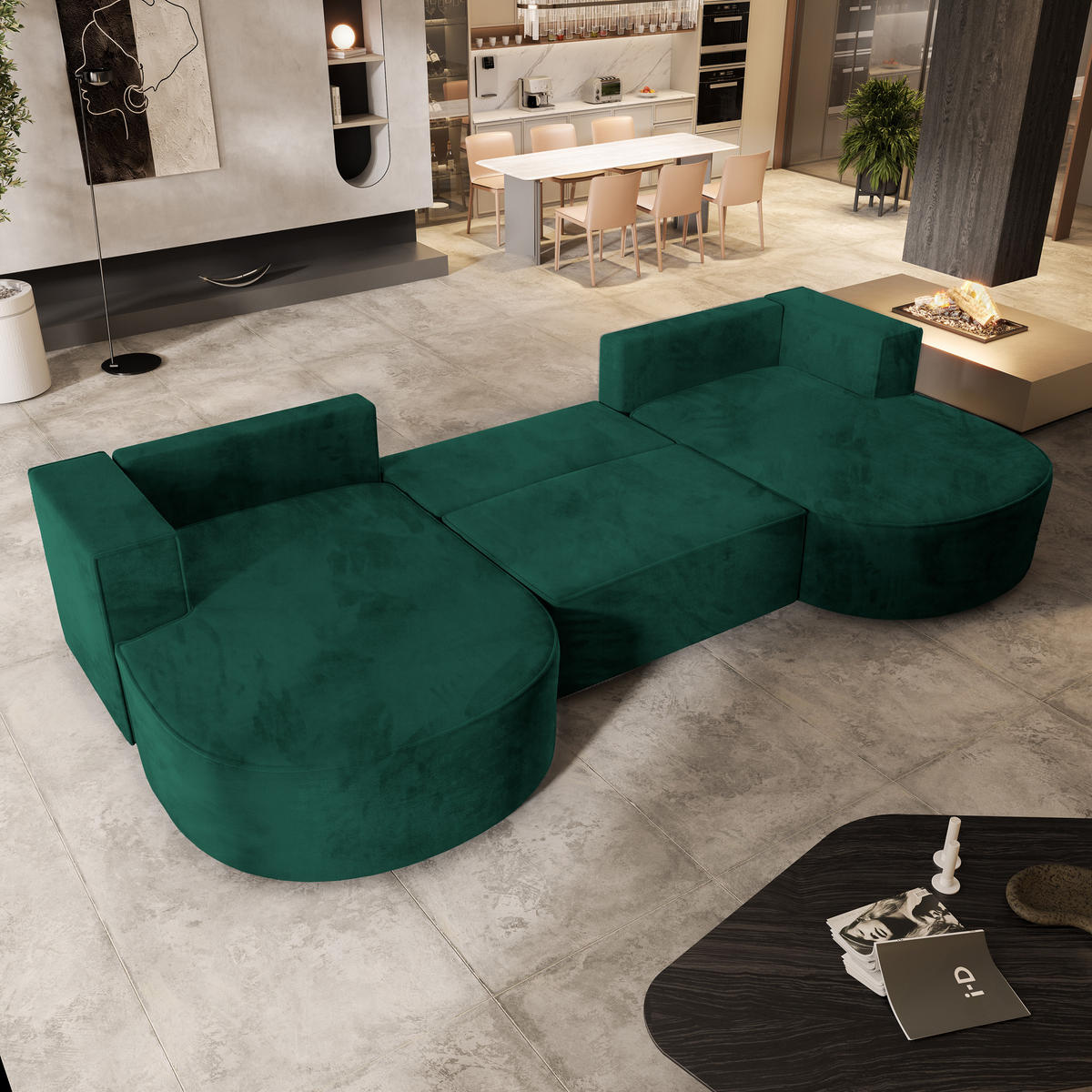 WOHNLANDSCHAFT VEZZO M Grün Velours-Stoff mit Schlaffunktion - Grün, Holz (347/85/174cm) - MASSENO