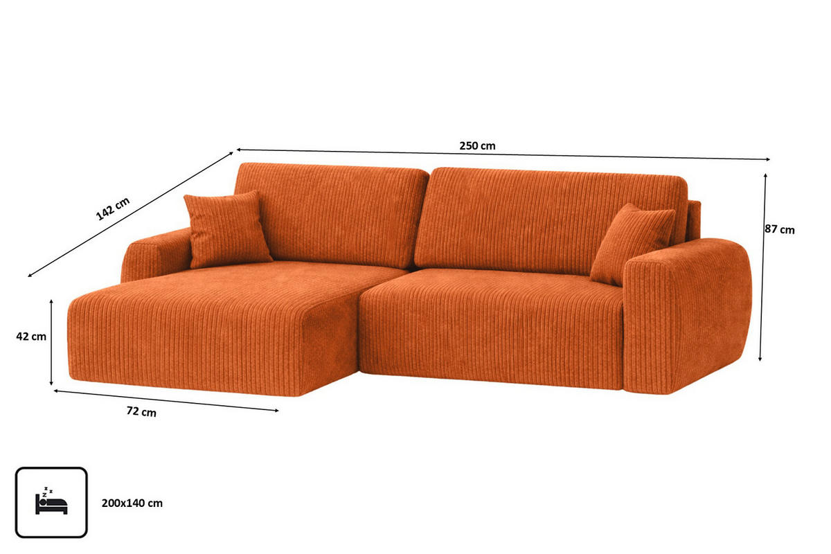 ECKSOFA Mit Schlaffunktion Ariel L, Cordstoff, Stoff Poso, Kupfer, Links - Orange, Holz (250/142cm) - Kaiser Möbel