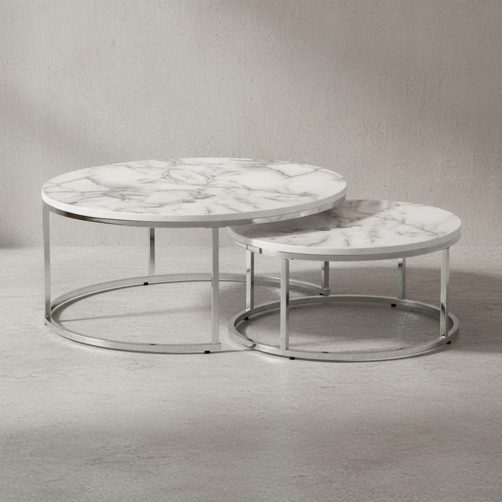 COUCHTISCH 2er Set Marmoroptik Metall Eichenholz Ineinanderschiebbar, Silber 80x80x36 cm - Silberfarben, Holz/Metall (80/80/36cm) - KADIMA DESIGN