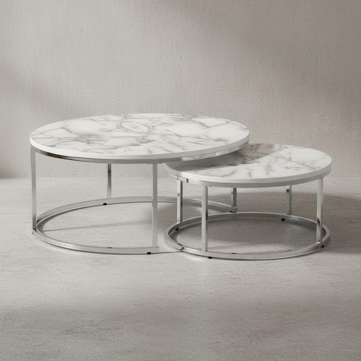COUCHTISCH 2er Set Marmoroptik Metall Eichenholz Ineinanderschiebbar, Silber 80x80x36 cm - Silberfarben, Holz/Metall (80/80/36cm) - KADIMA DESIGN