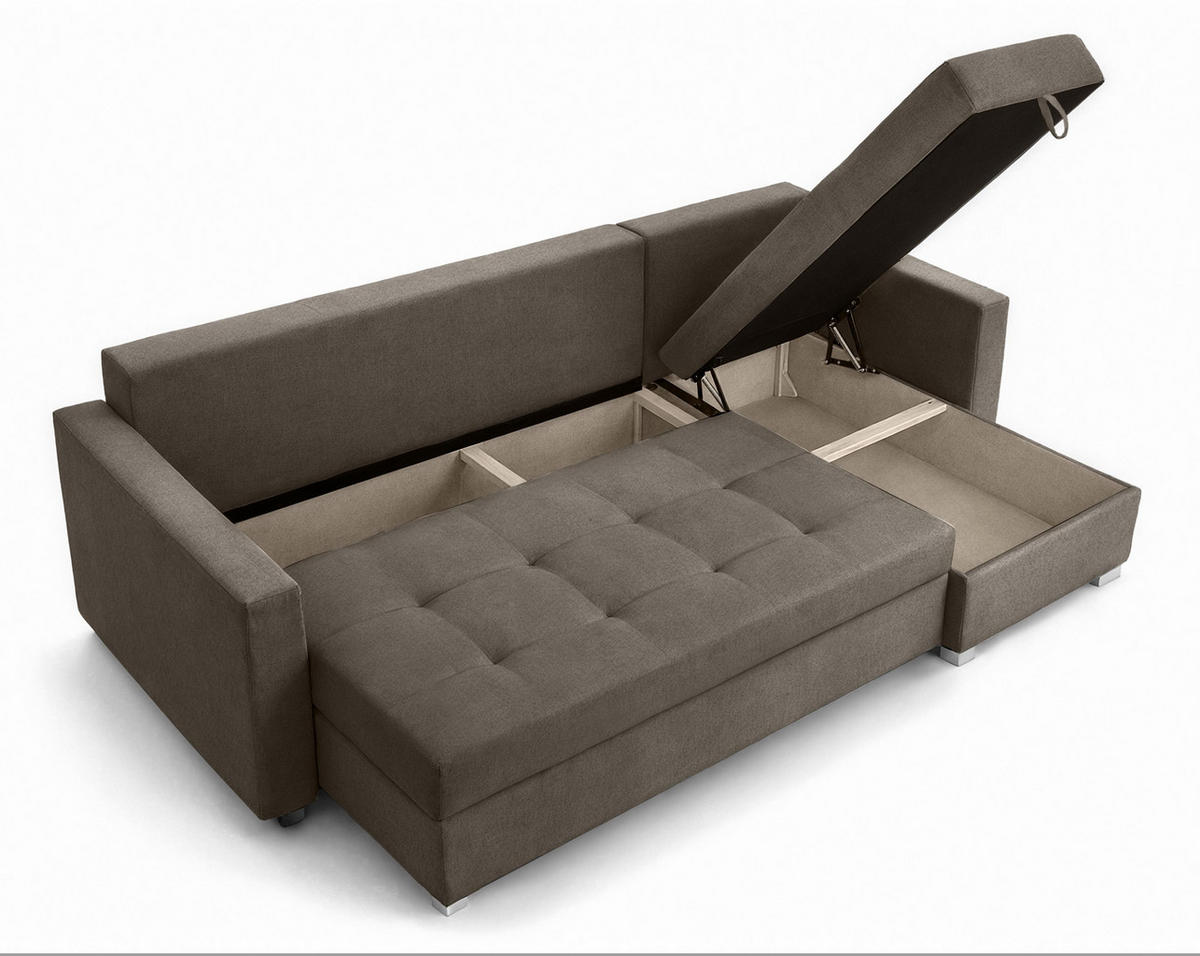 ECKSOFA Universelle L Form Elif Braun 220/140/85 cm stilvolle mit Schlaffunktion - Silberfarben/Braun, Kunststoff/Textil (220/140cm) - AX Living