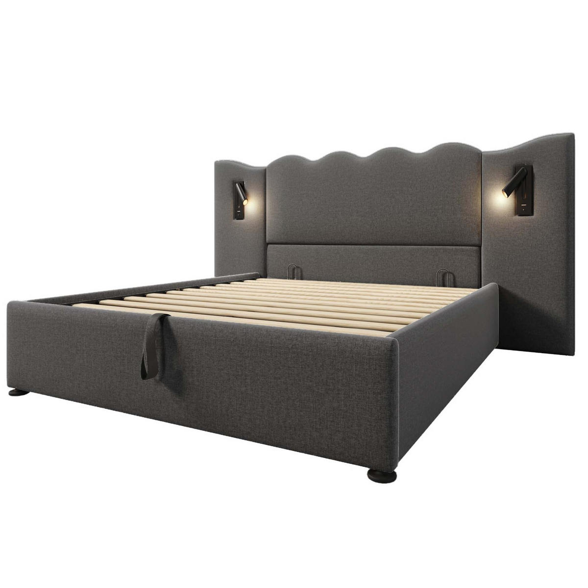 POLSTERBETT 160/200 cm mit Bettkasten, USB-C und Leselampe, inkl. Lattenrost - Grau, Textil (160/200cm) - BEAOK