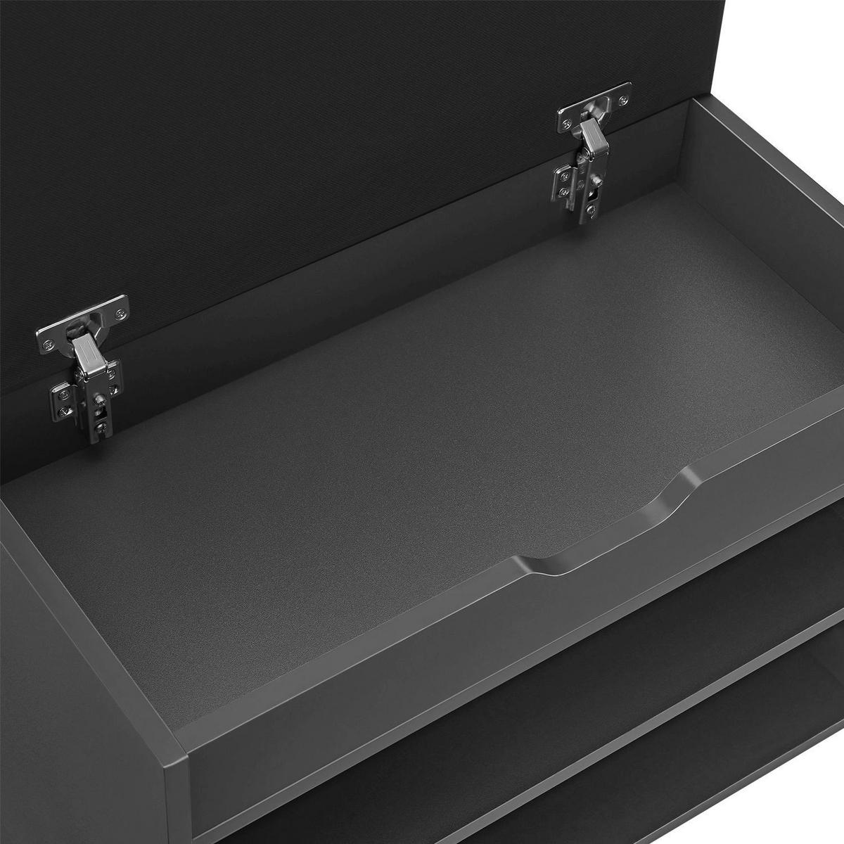SCHUHREGAL grau mit Klappdeckel und gepolstertem Sitz 60 x 30 x 44 cm - Dunkelgrau, Holz (30/44/60cm) - Juskys