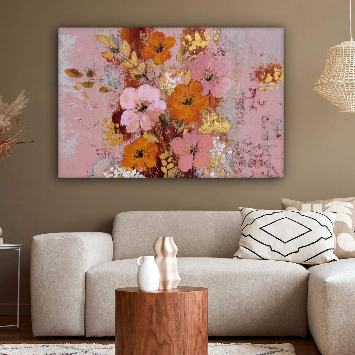 LEINWANDBILD Malerei - Blumen - Rustikal - Rosa Groß 140x90 cm - Altrosa, Textil (140/90cm) - MuchoWow