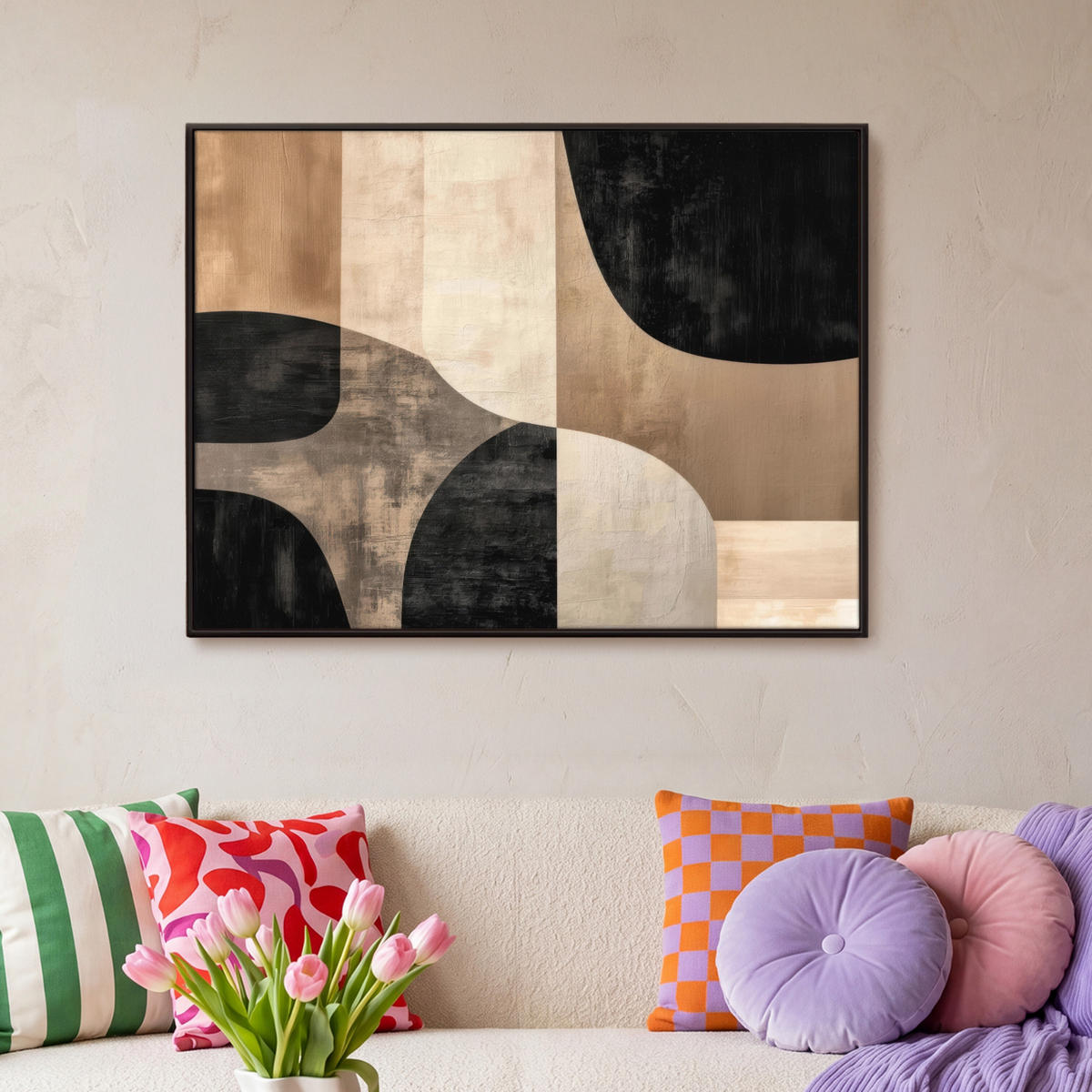 LEINWAND Bilder mit Rahmen - Abstrakt - Flugzeuge - Schwarz - Rund - 100x70 - Beige, Textil (100/70cm) - MuchoWow