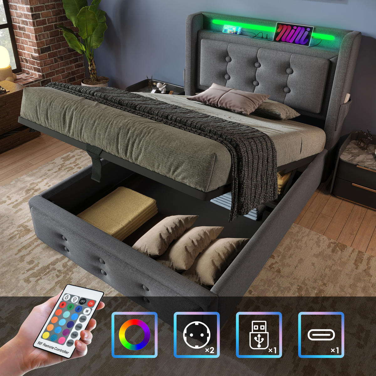 POLSTERBETT 90/200 cm Grau mit Led-Kopfteil und USB C Ladefunktion (Ohne Matratze) - Grau, Textil (90/200cm) - Oxeza