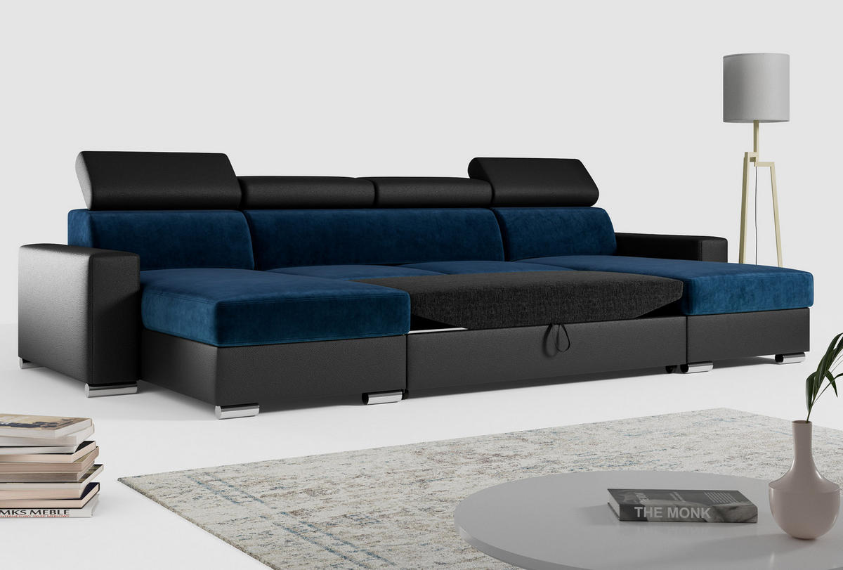WOHNLANDSCHAFT FOX U Dunkelblau/Schwarz - Velvet/Kunstleder - Silberfarben/Schwarz, Kunststoff/Textil (306/98/168cm) - MKS
