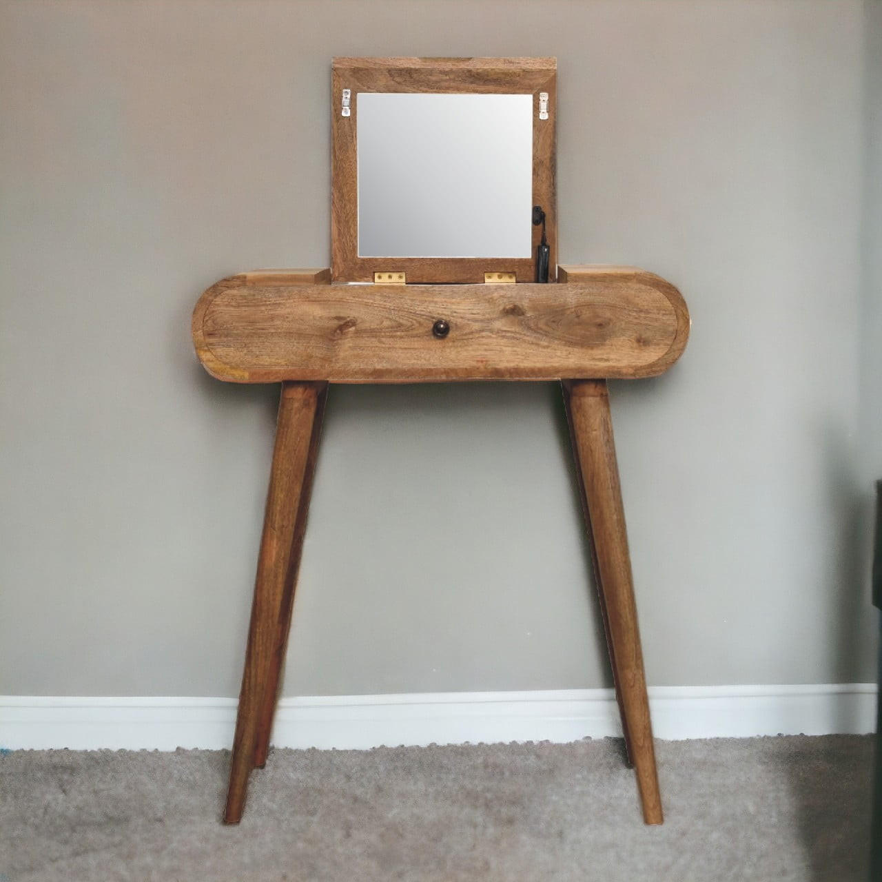 SCHMINKTISCH mini im Eichenholz-Finish mit Stauraumfächern - Beige/Messingfarben, Mangoholz/Holz (70/79/35cm) - Artisan Furniture