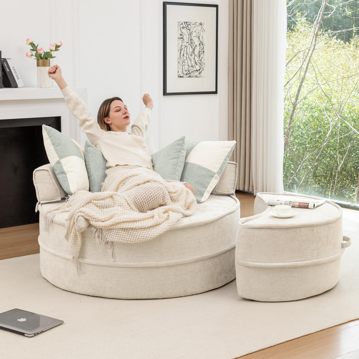 SOFA Chenille Beige mit Hocker und Kissen - Beige, Textil (163/66/121cm) - WISHDOR