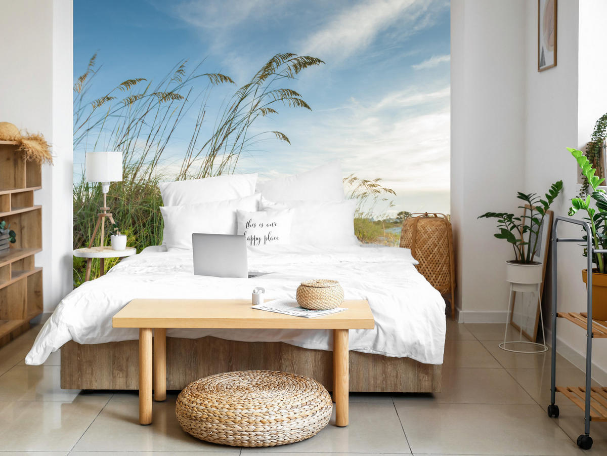 FOTOTAPETE für Schlafzimmer Dünen Pflanzen Strand Gras 400x280 - Blau/Beige, Papier (400/280cm) - Muralo
