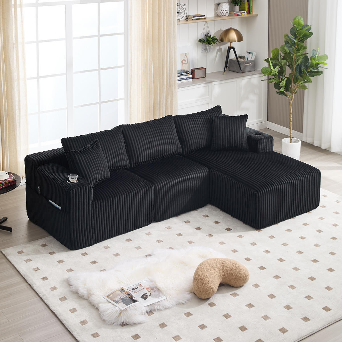ECKSOFA Cord Schwarz mit Kissen, Taschen und Cupholder - Schwarz, Textil (257/160cm) - WISHDOR