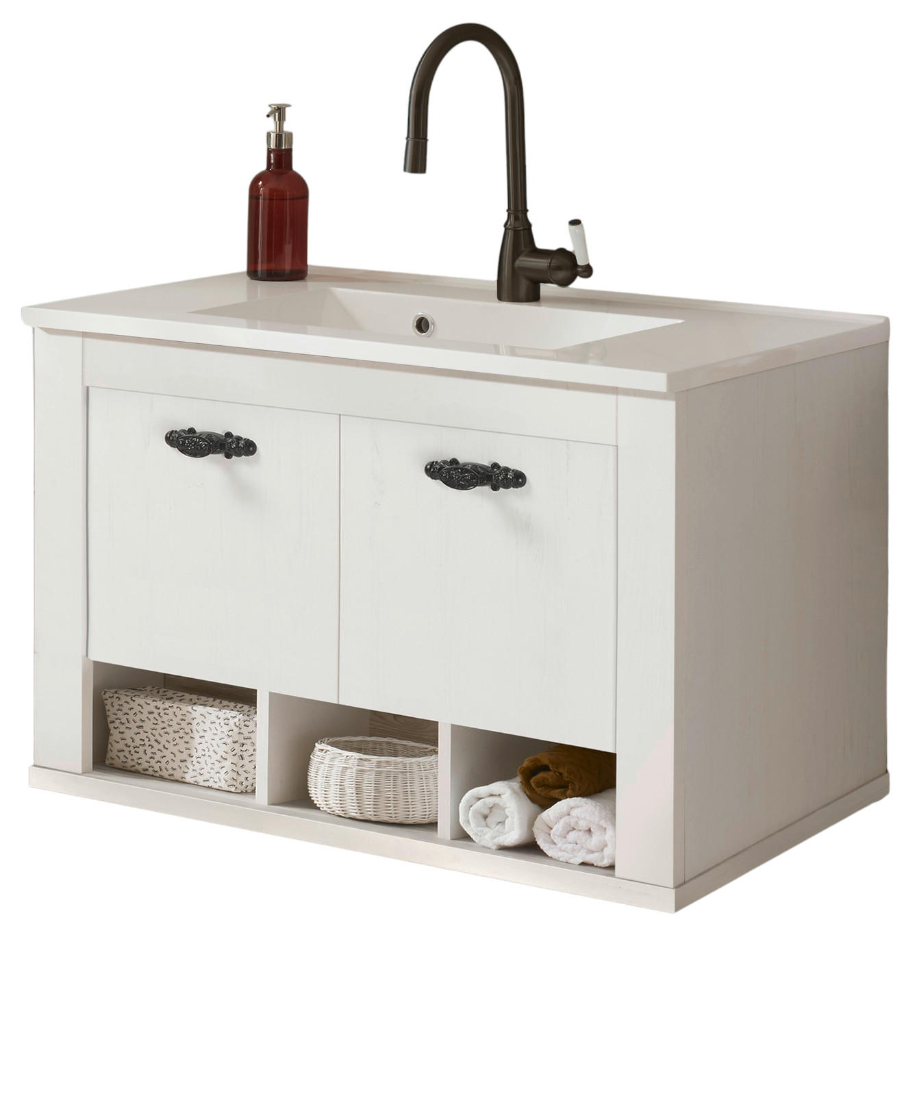 WASCHBECKENUNTERSCHRANK Waschbecken Pinie weiß, Oslo Pinie Landhaus, Waschtisch Set hängend - Dunkelgrau/Weiß, Holzwerkstoff/Metall (82/56/47cm) - Furn.Design