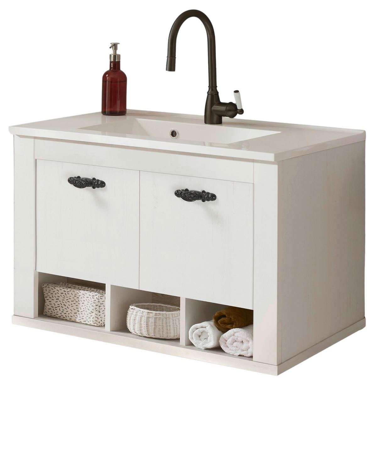 WASCHBECKENUNTERSCHRANK Waschbecken Pinie weiß, Oslo Pinie Landhaus, Waschtisch Set hängend - Dunkelgrau/Weiß, Holzwerkstoff/Metall (82/56/47cm) - Furn.Design