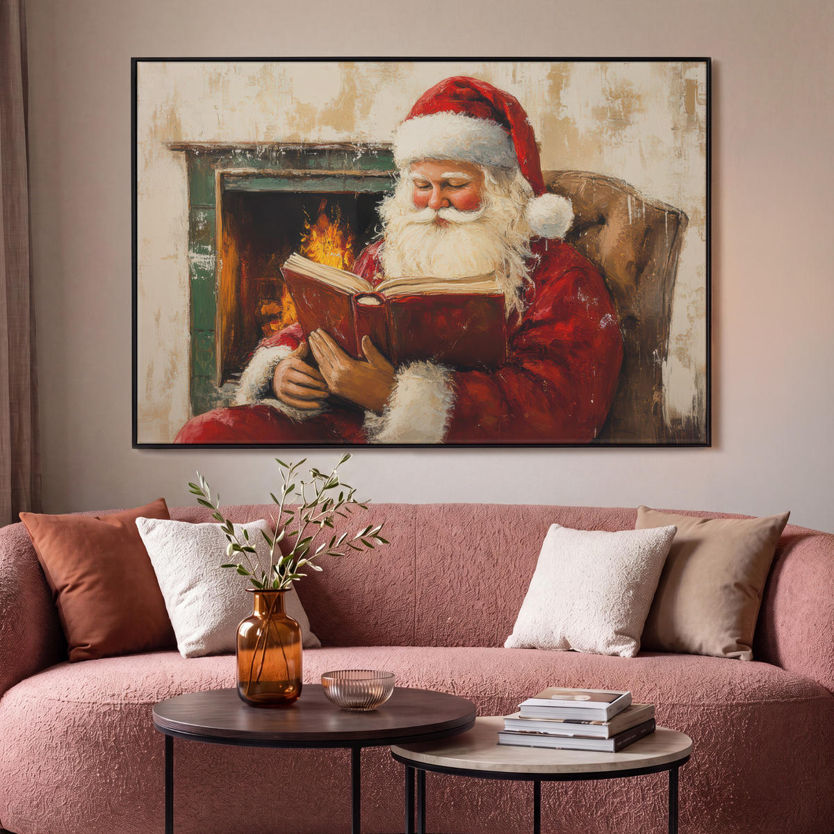 LEINWAND Bilder mit Rahmen - Weihnachten - Weihnachtsmann - Winter - Open Fireside - 150x100 - Dunkelrot, Textil (150/100cm) - MuchoWow