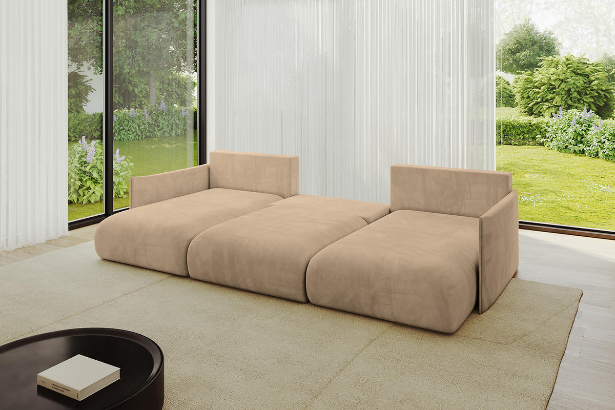 WOHNLANDSCHAFT mit Schlaffunktion und Bettkasten ONESK-U 317x177x72 Beige Velours - Beige, Holzwerkstoff/Kunststoff (317/72/177cm) - ALTDECOR