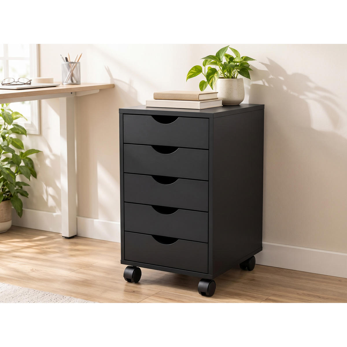 ROLLCONTAINER Schwarz 5 Schubladen auf Rollen 69 cm - Schwarz, Holzwerkstoff/Kunststoff (45/69/40cm) - Relaxdays