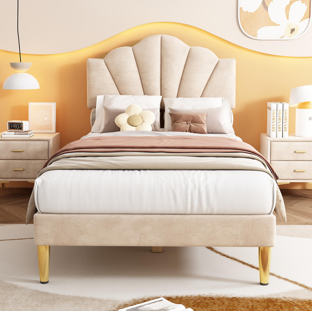 KINDERBETT 90/200 cm aus Samt in Beige mit verstellbarem Kopfteil - Beige, Textil (90/200cm) - Flora Grace