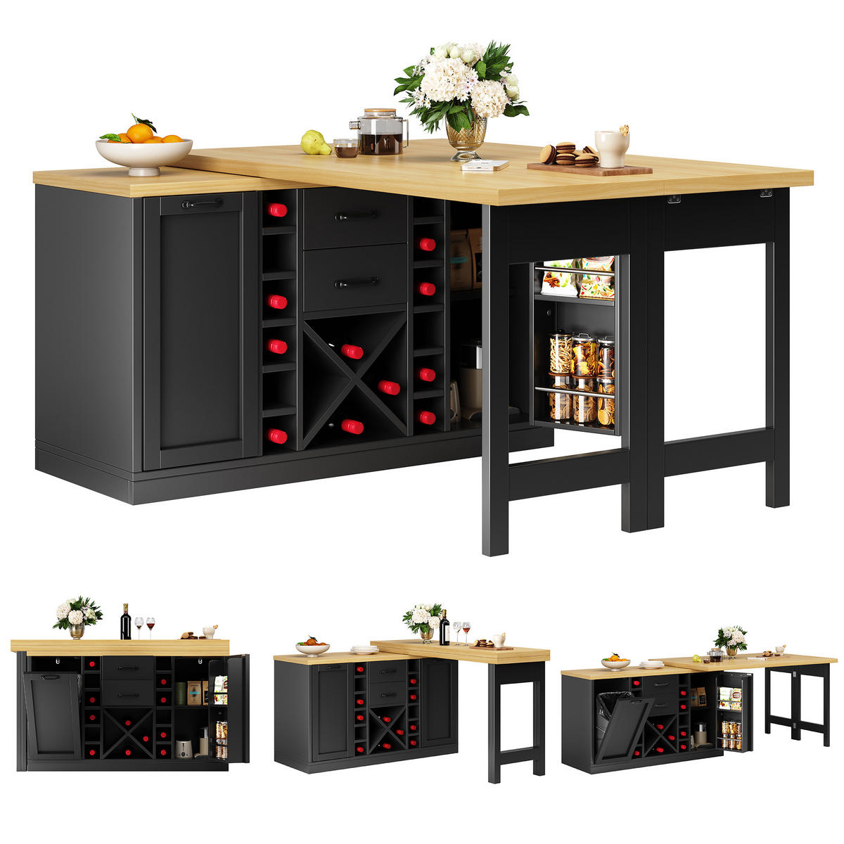 BARTISCH ausziehbar 120-223/40/73,8 cm mit Weinregal DE-39753 Schwarz - Schwarz, Holzwerkstoff (40/120/73.8cm) - ComfortXL