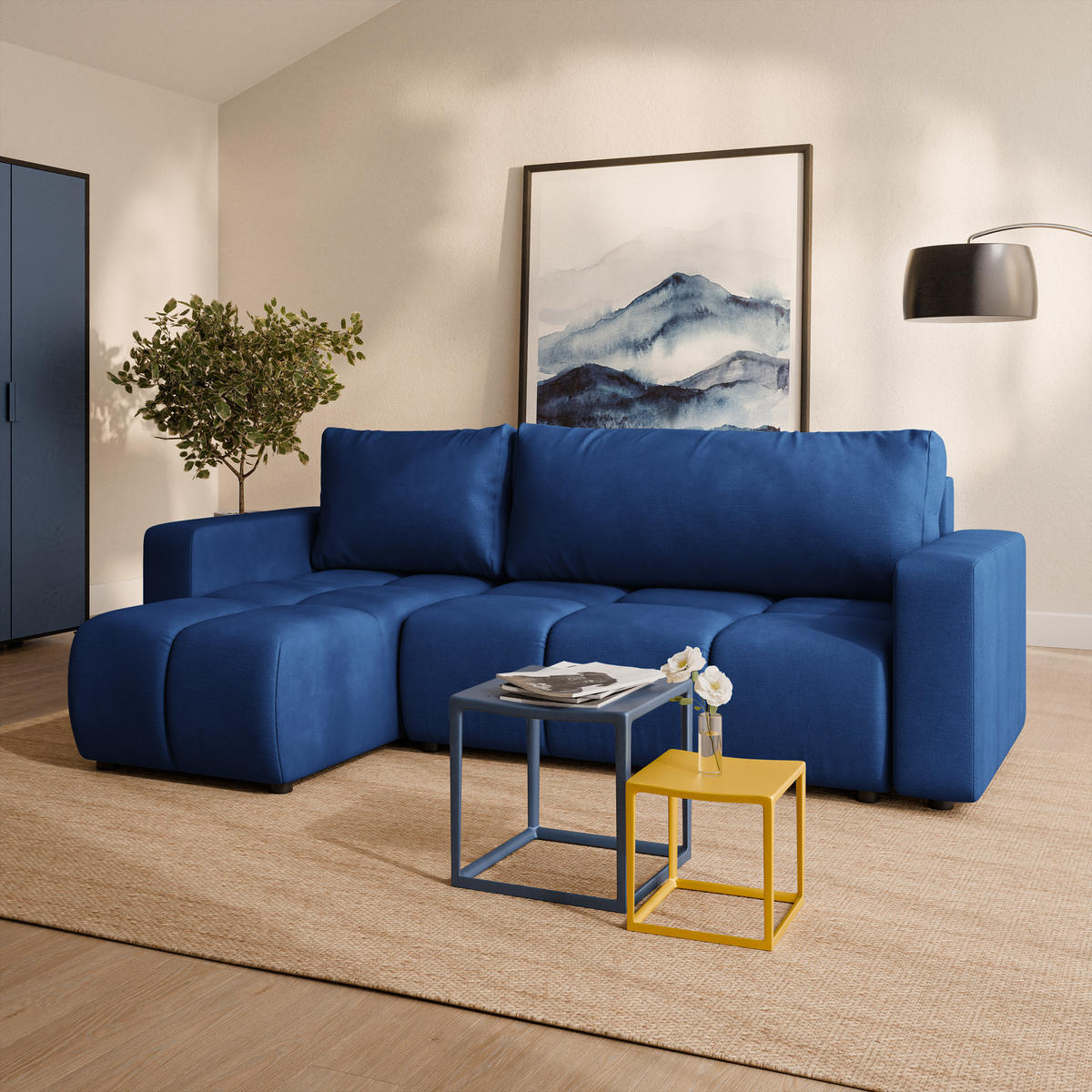 ECKSOFA RAMIL Blau Plüsch-Stoff mit Schlaffunktion - Blau, Holz (240/149cm) - MASSENO