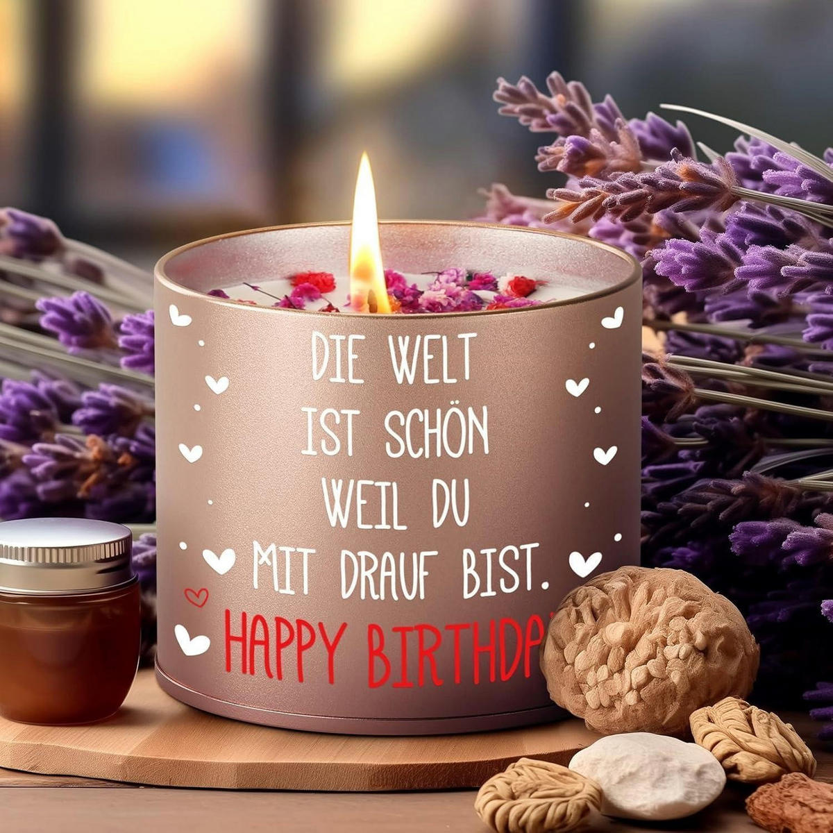 KERZE im Metallbehälter mit Spruch "Die Welt ist schön, weil du mit drauf bist. Happy Birthday" - Rosa, Metall (8.5cm)