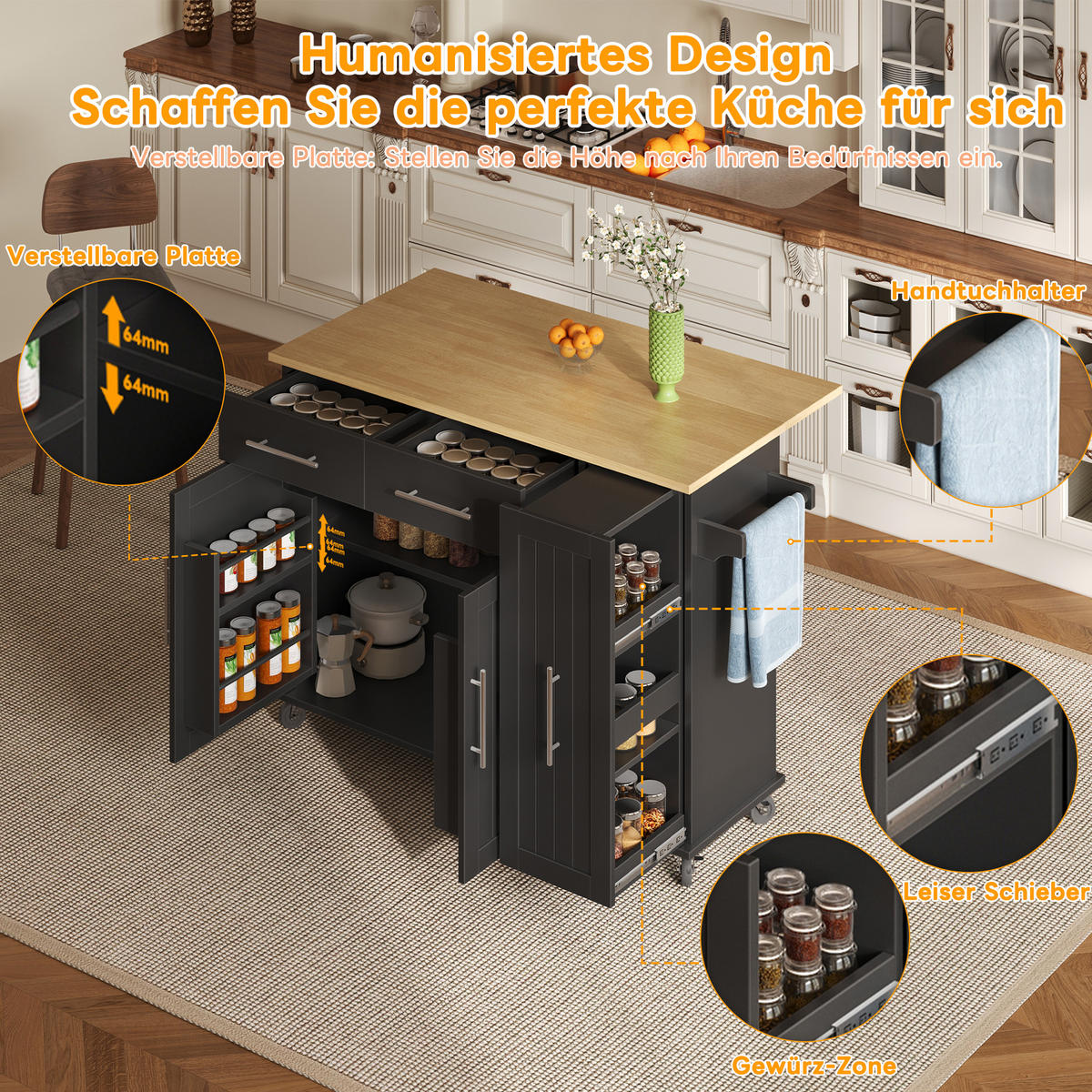 MOBILER Kücheninselwagen 120x65x90cm Schwarz mit Auszug, Klappplatte & 5 Rollen - Schwarz, Holzwerkstoff (120/90/65cm) - Modfu