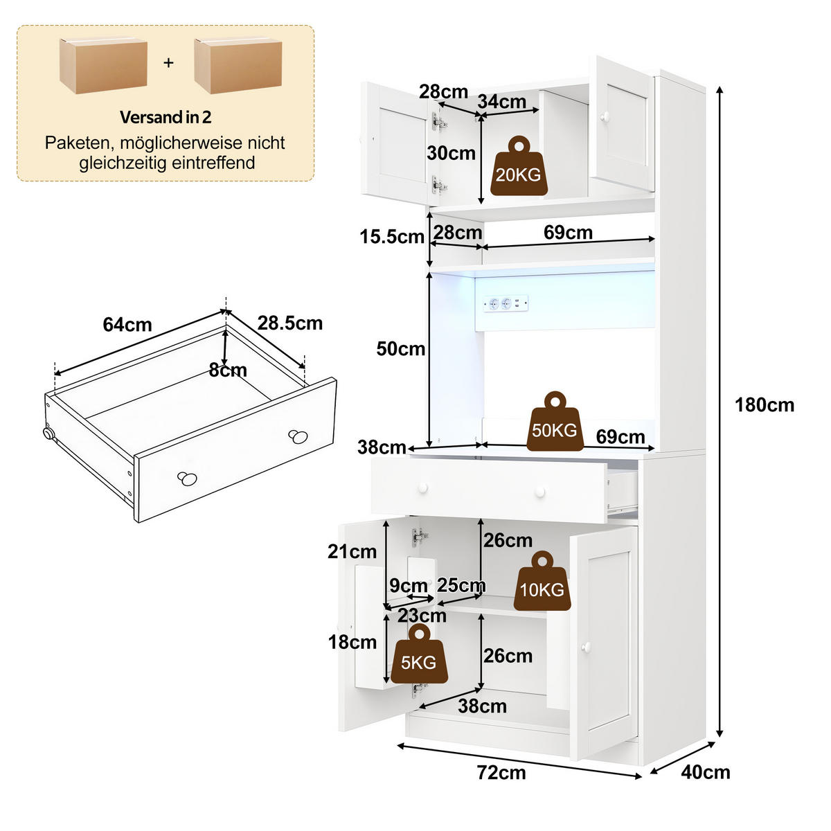 BUFFET DE-38753 72/40/180 cm LED-Beleuchtung und große Schublade Weiß - Weiß, Holzwerkstoff (72/180/40cm) - ComfortXL