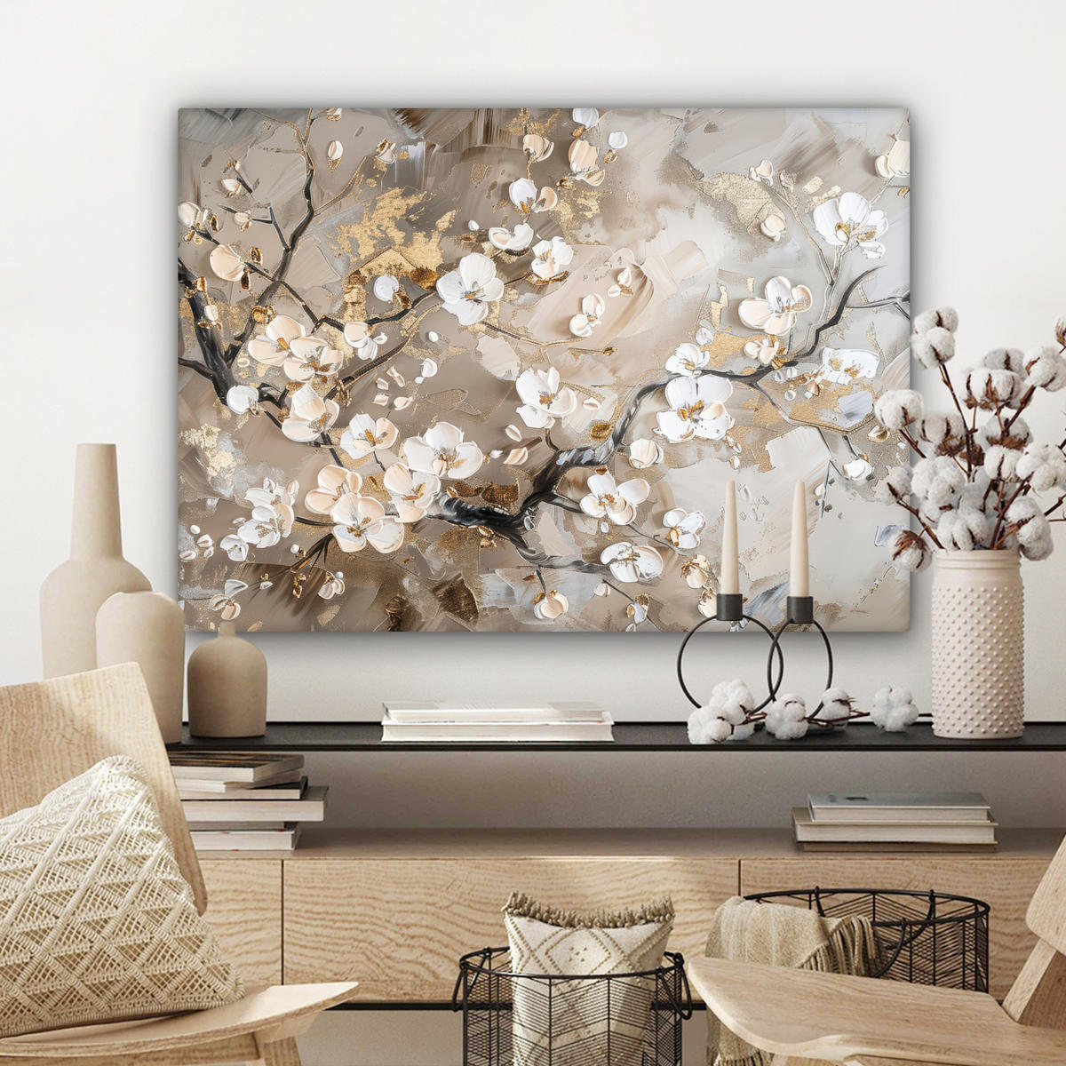 LEINWANDBILD - Blumen - Weiß - Gold - Beige - Luxus - 80x60 - Malerei - Greige, Textil (80/60cm) - MuchoWow