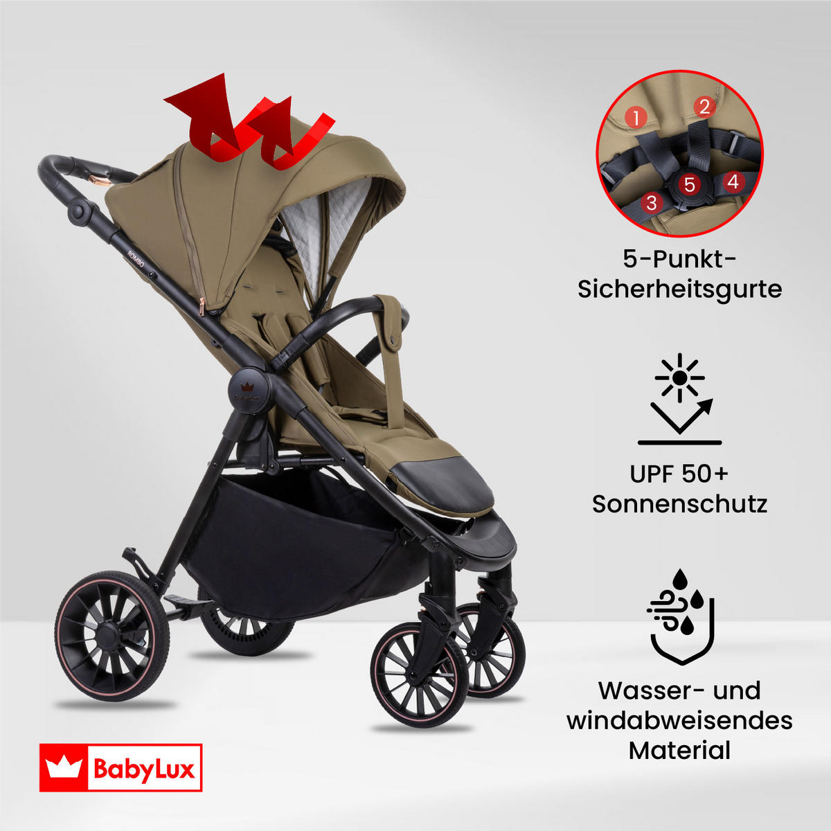 BUGGY Rombo, Klein und Leicht, Teleskopische Führung, Kompakt Faltbar, Wickeltasche, Reisetasche - Schwarz/Olivgrün, Textil/Metall (58/98cm) - BabyLux