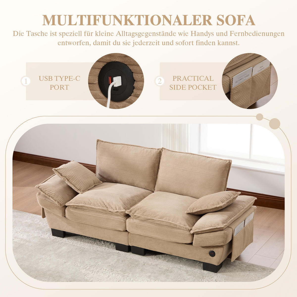 2-SITZER SOFA Cord Khaki mit USB-C und Seitentaschen - Hellbraun, Holzwerkstoff/Kunststoff (190/84/73cm) - WISHDOR