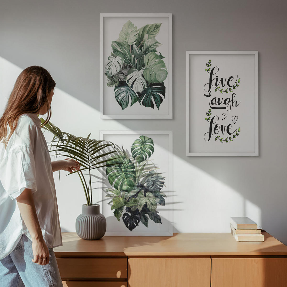 WANDBILDER 3er-Set - 40x60 cm Weißer Rahmen - Blattpflanzen leben, lachen, lieben - Weiß, Kunststoff (40/60cm) - ArtPrintCave