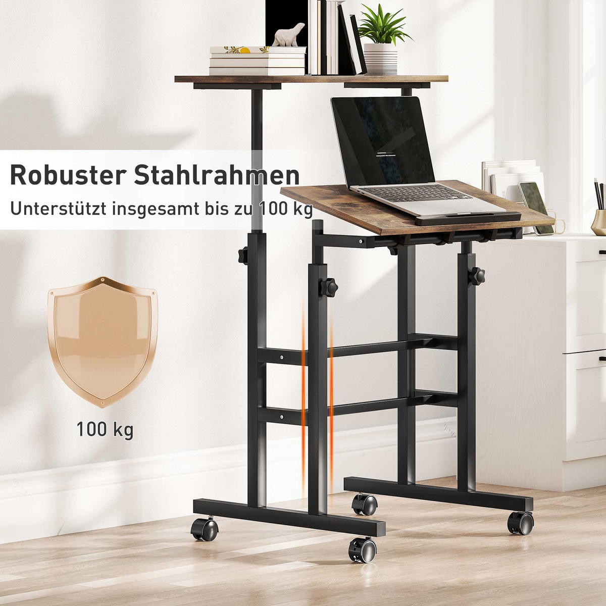 SCHREIBTISCH Höhenverstellbar Küchentisch mit Regal Rollen Rustikal Braun - Schwarz/Braun, Holzwerkstoff/Metall (60/60/120cm) - HOMCOM